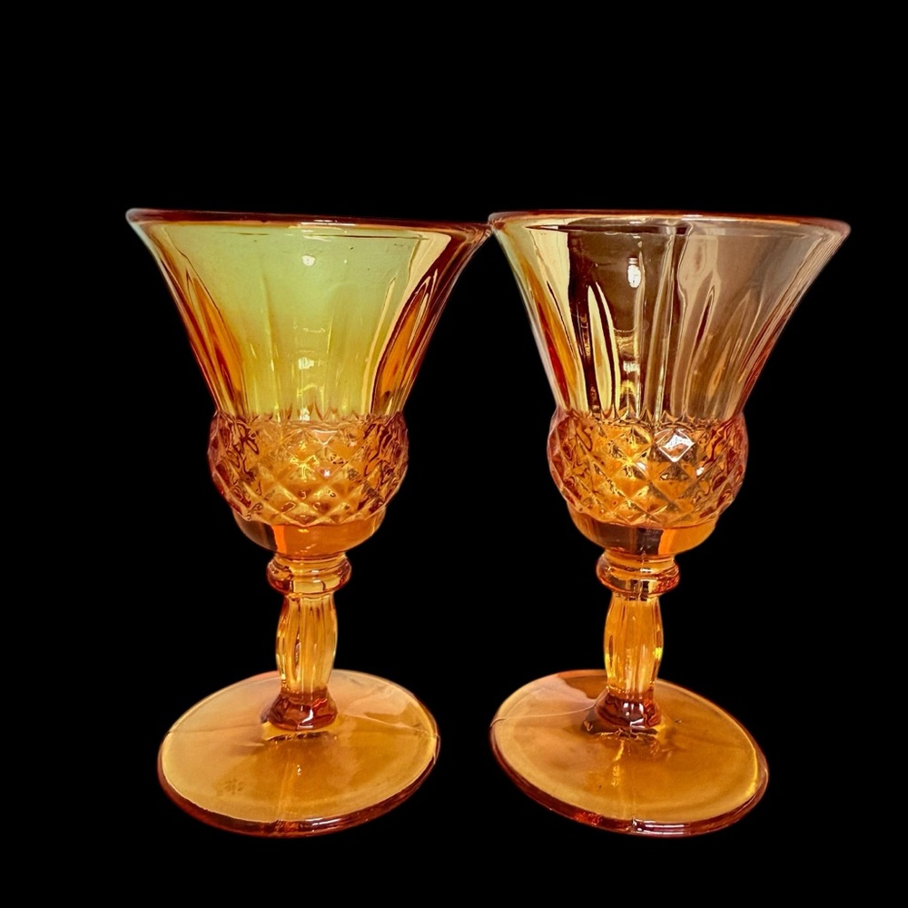 2 Vintage FOSTORIA JAMESTOWN Amber Sherry Cordial Glasses Diamond MCM Barware